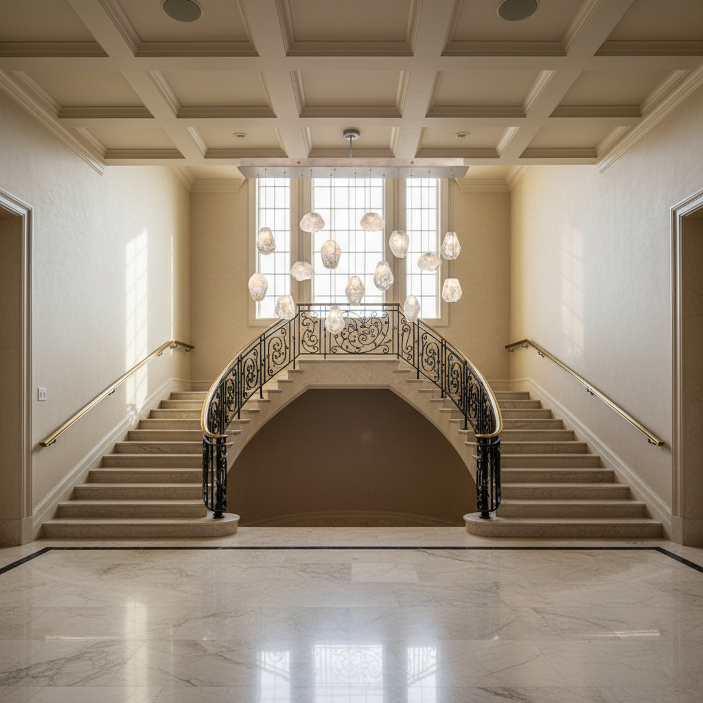 Luster Gaze Veridian Bloom Quartz Chandelier - dramatic American stairwell with soaring ceiling