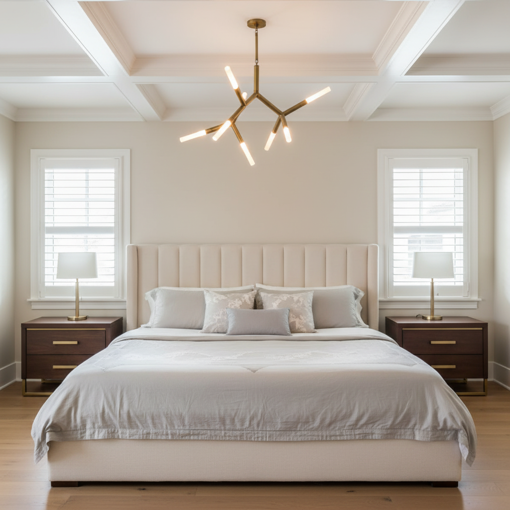 Luster Gaze Kinetic Arc 7-Light Chandelier - American master bedroom with coffered ceiling