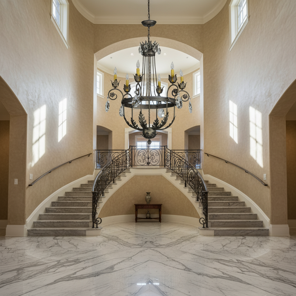 Luster Gaze Antonia Grandeur 6-Light Chandelier - dramatic American stairwell with soaring ceiling