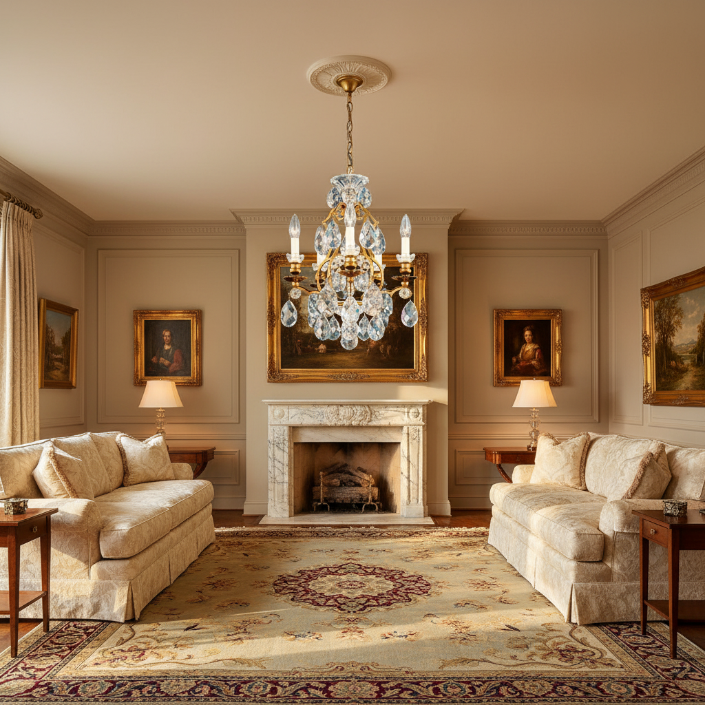 Luster Gaze Regal Radiance Crystal Chandelier - American formal living room with 12-foot ceilings