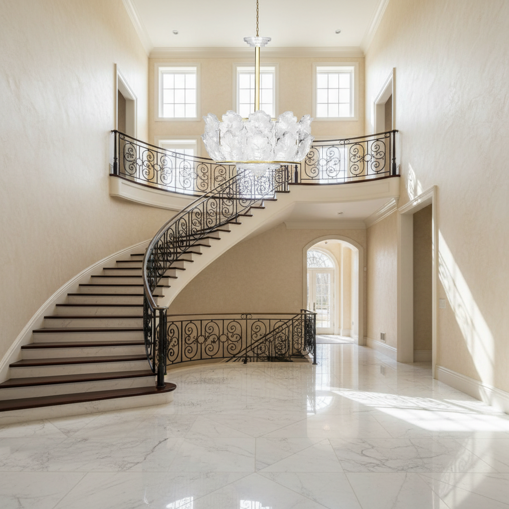 Luster Gaze Veridian Leaf Motif Chandelier - dramatic American stairwell with soaring ceiling