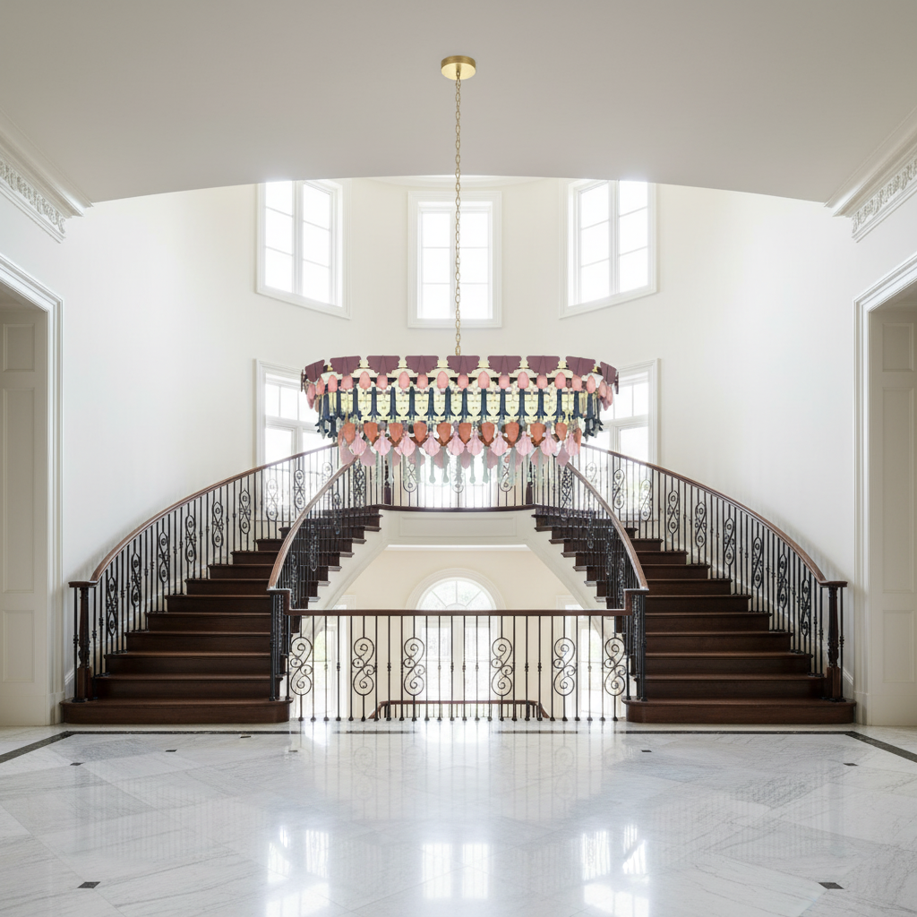 Luster Gaze Veridian Seasons Oval Chandelier - dramatic American stairwell with soaring ceiling