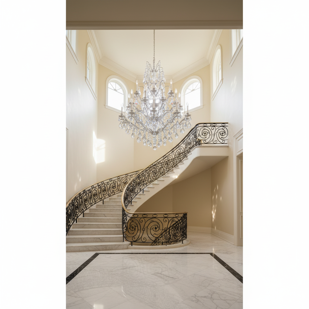 Luster Gaze Regal Grandeur Crystal Chandelier 40" - dramatic American stairwell with soaring ceiling