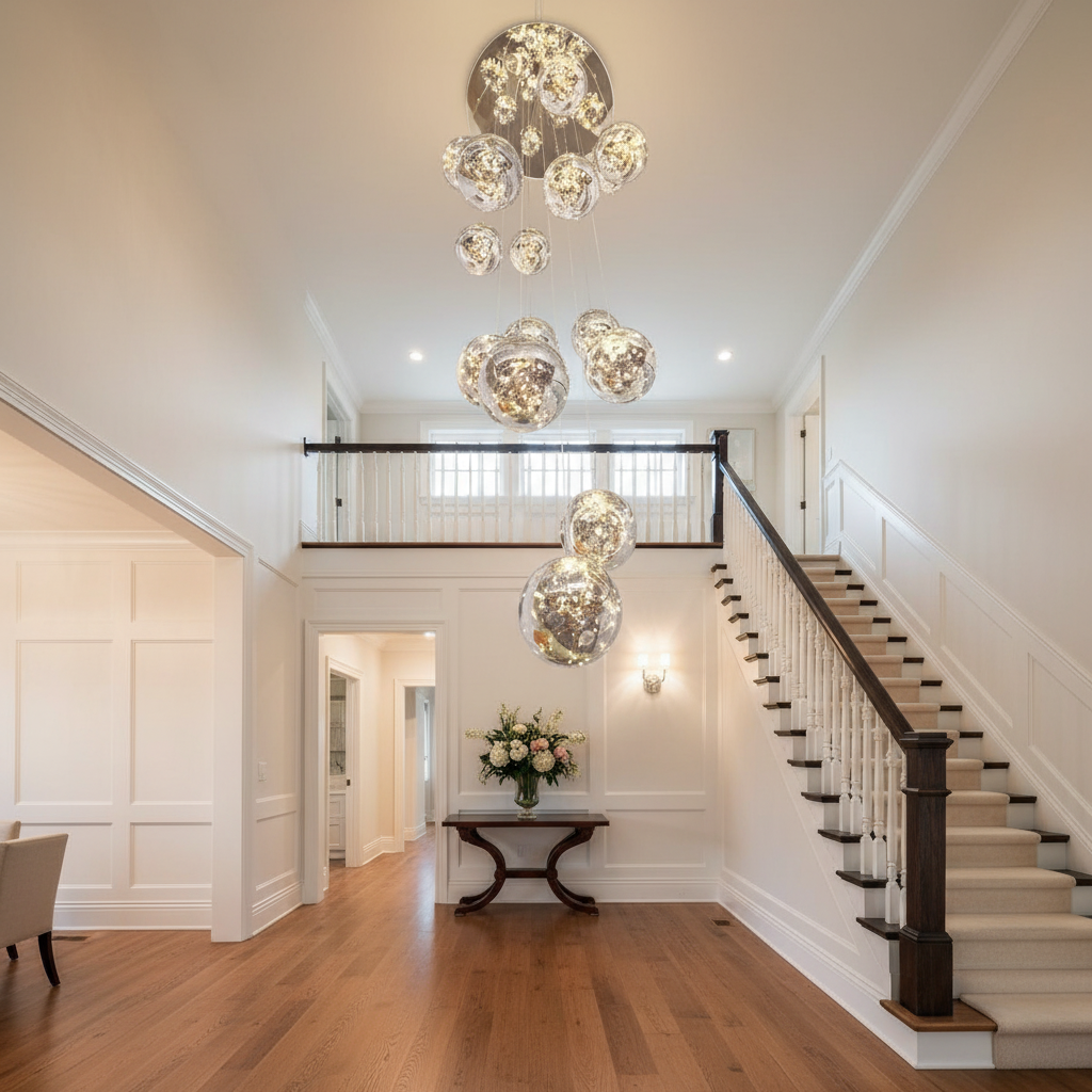 Luster Gaze Celestial Orb Glass Globe Chandelier - elegant American entryway with arched doorway