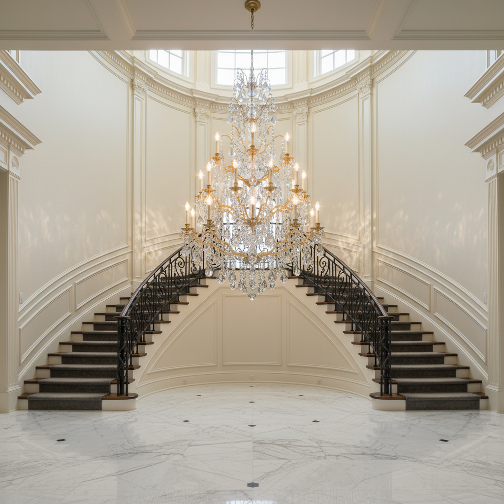 Luster Gaze Regal Grandeur Crystal Chandelier - dramatic American stairwell with soaring ceiling