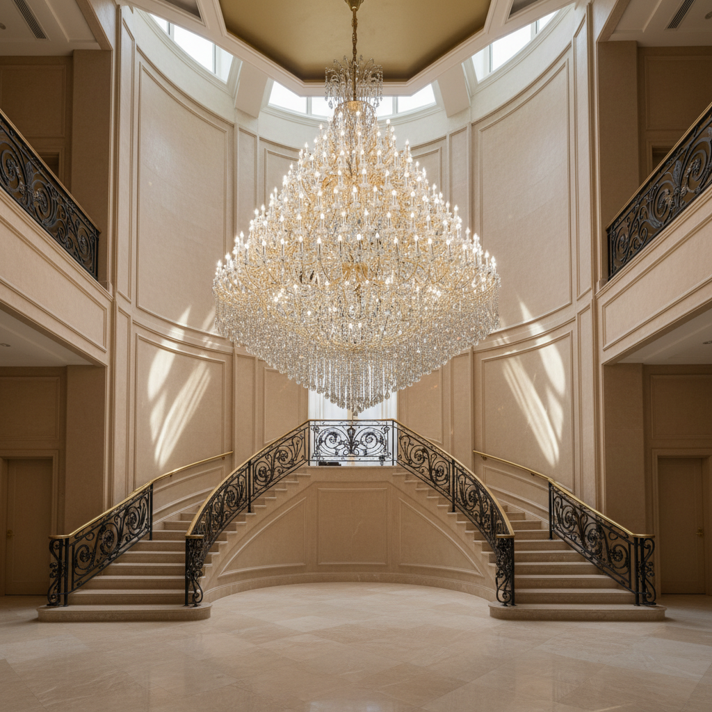 Luster Gaze Grand Tiered Radiance Crystal Chandelier - dramatic American stairwell with soaring ceiling