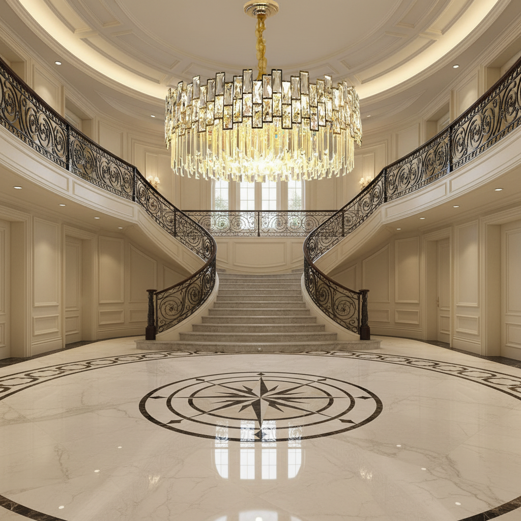 Luster Gaze Radiant Cascade Round Chandelier - grand American foyer with two-story ceiling