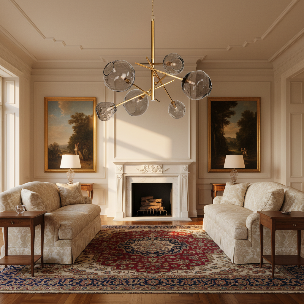 Luster Gaze Molten Smoked Glass Chandelier - American formal living room with 12-foot ceilings