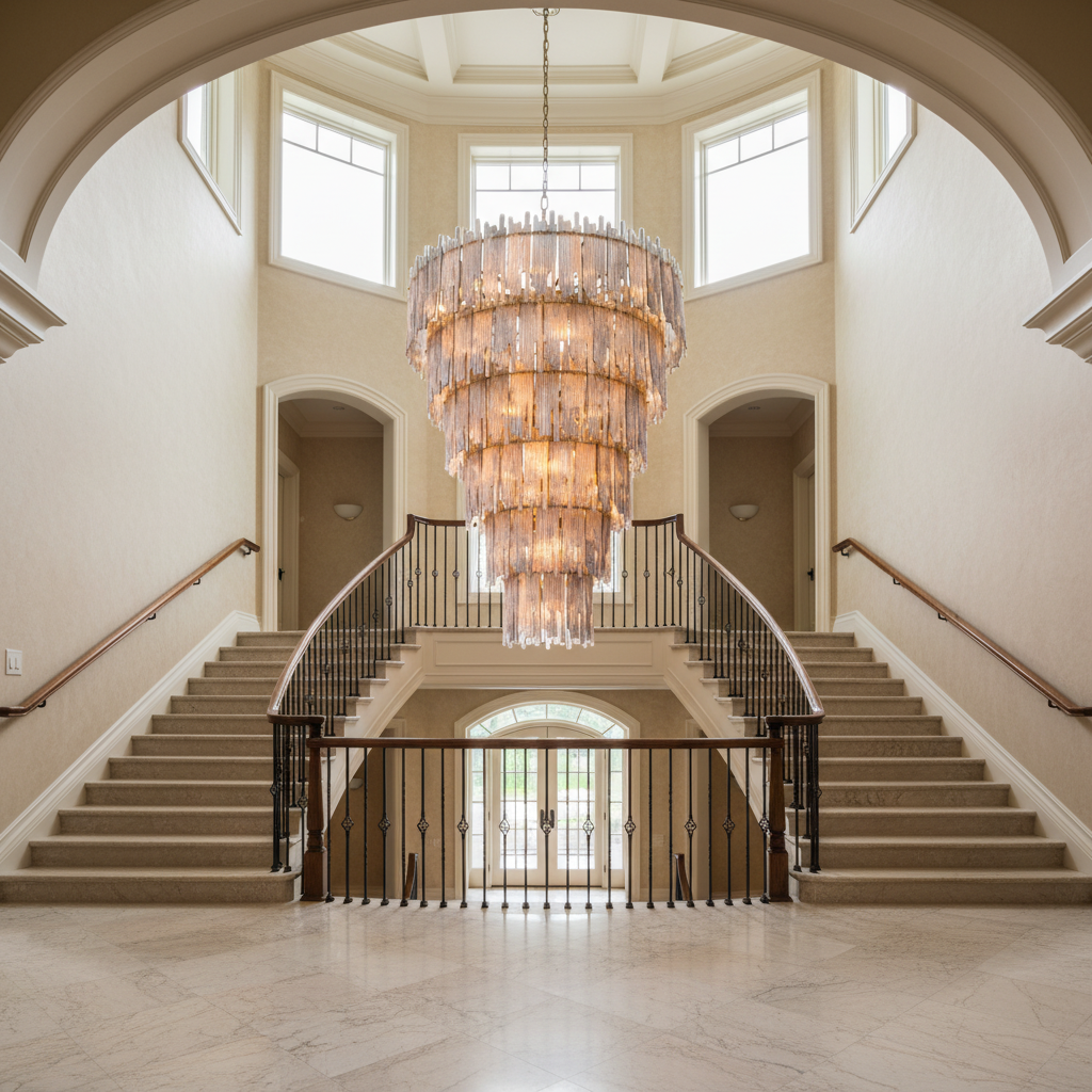 Luster Gaze Grand Lumina 35-Light Chandelier - dramatic American stairwell with soaring ceiling