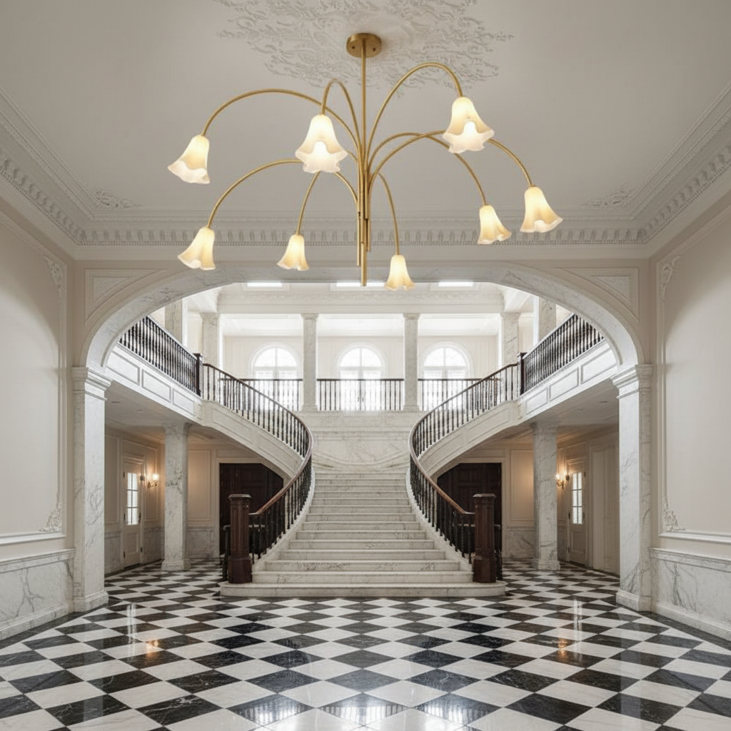 Luster Gaze Veridian Bloom Metal & Glass Chandelier - grand American estate foyer