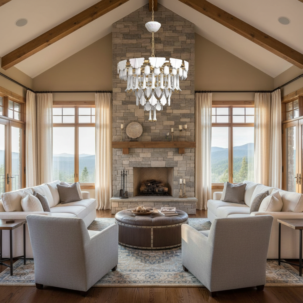Luster Gaze Verdant Cascade Art Deco Chandelier - American transitional great room with cathedral ceiling