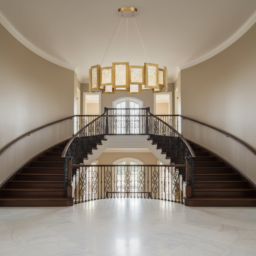 Luster Gaze Radiant Bloom 16-Light LED Chandelier - dramatic American stairwell with soaring ceiling