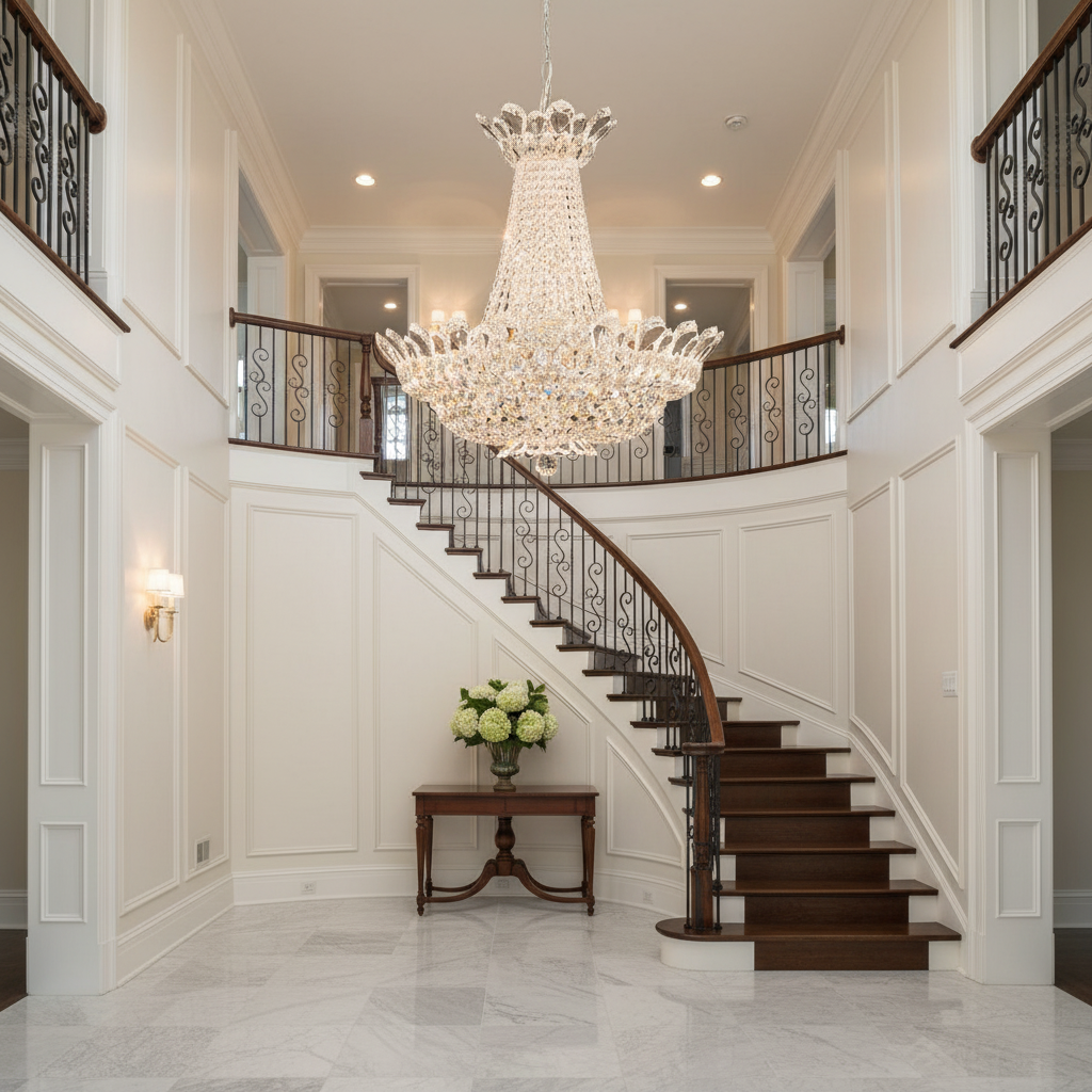 Luster Gaze Radiant Prism Round Chandelier - elegant American entryway with arched doorway