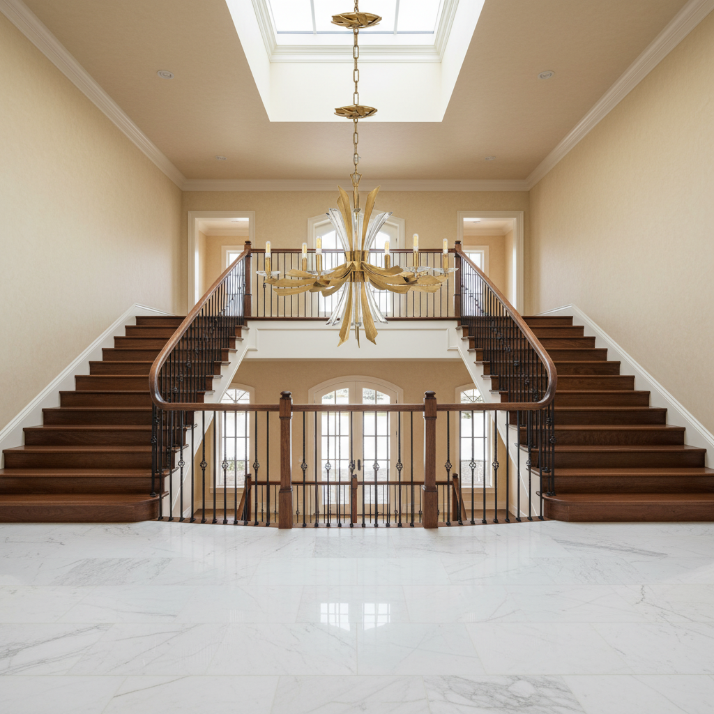 Luster Gaze Modern Aura Single-Tier Chandelier - dramatic American stairwell with three-story void
