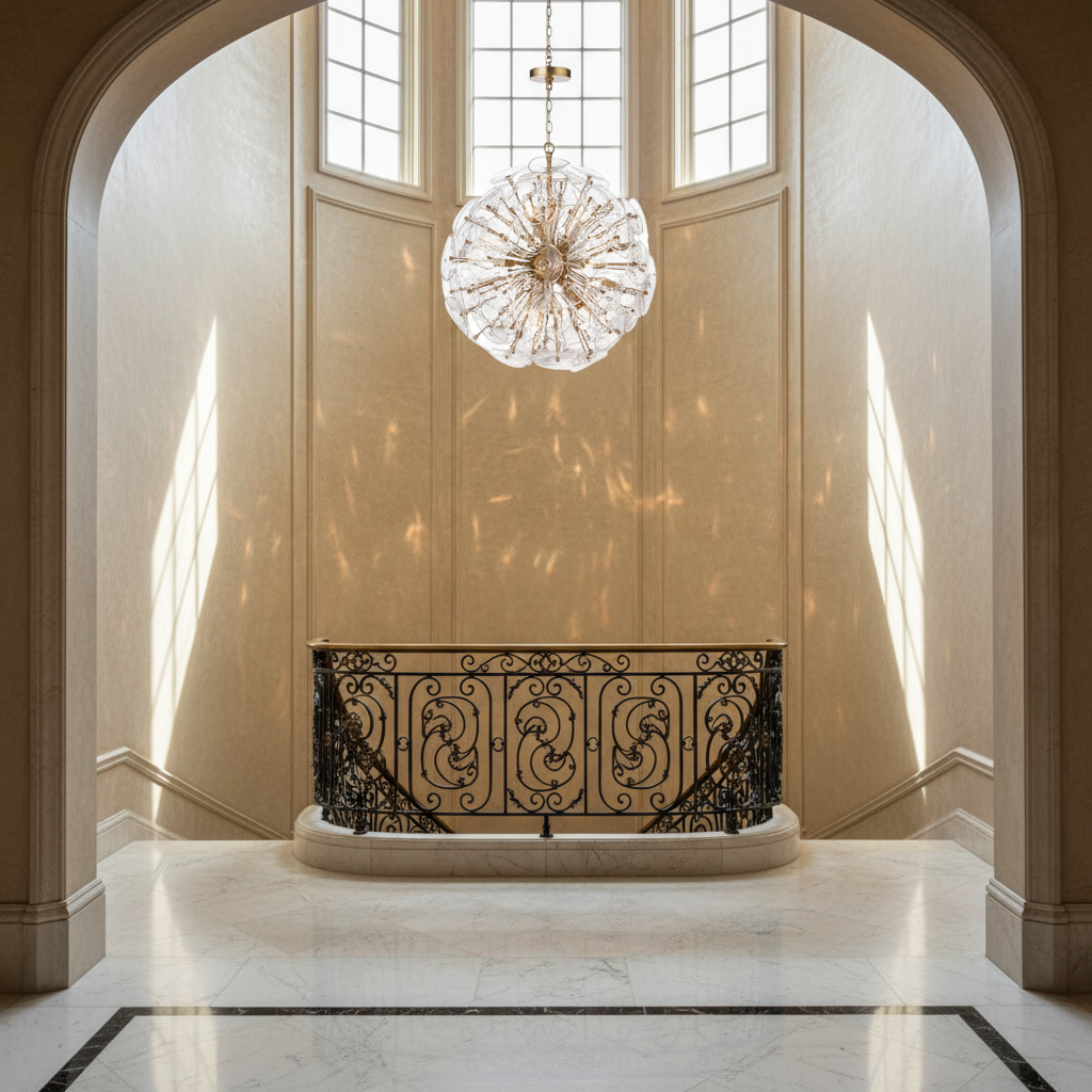 Luster Gaze Stellar Radiance Glass Chandelier - dramatic American stairwell with soaring ceiling