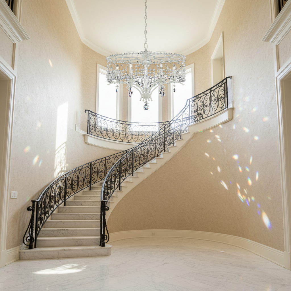 Luster Gaze Radiant Bloom 6-Light Chandelier - dramatic American stairwell with soaring ceiling
