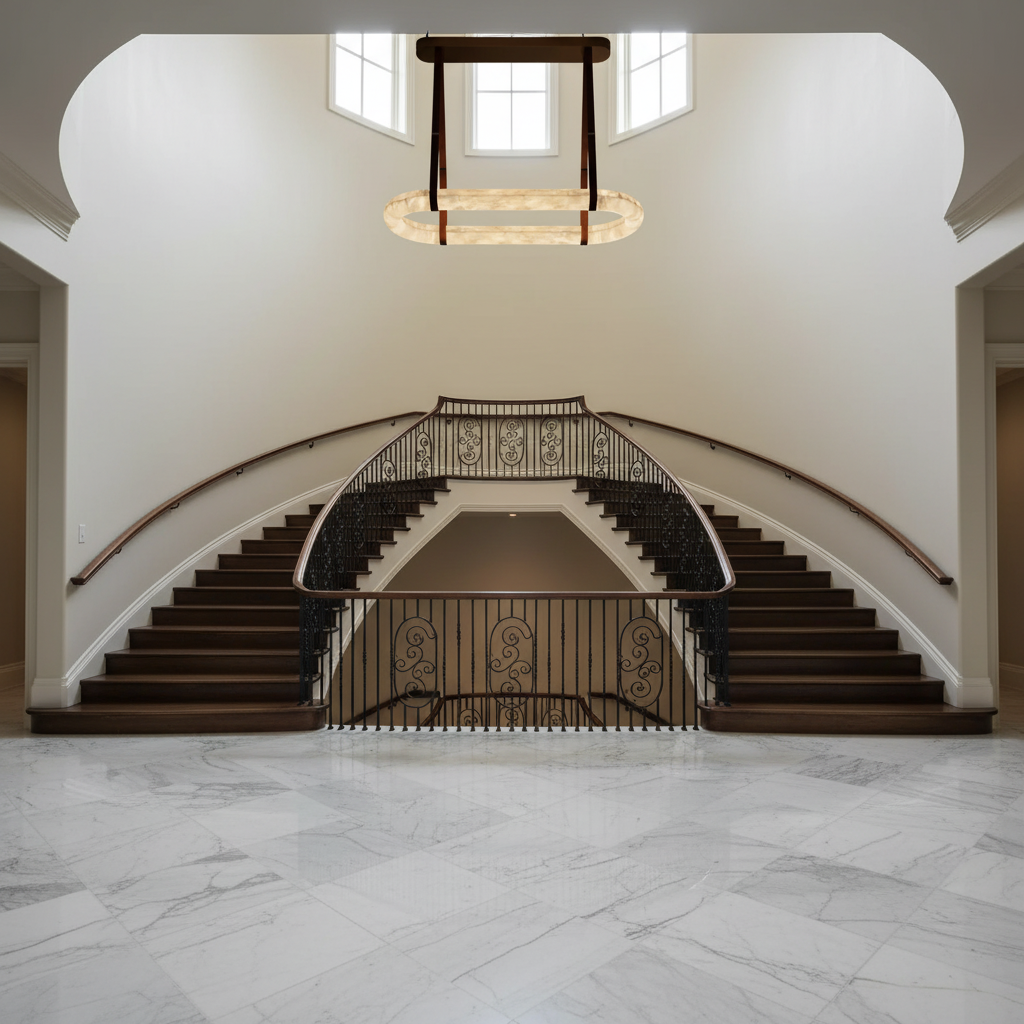 Luster Gaze Alabaster Grandeur Round Chandelier - dramatic American stairwell with soaring ceiling