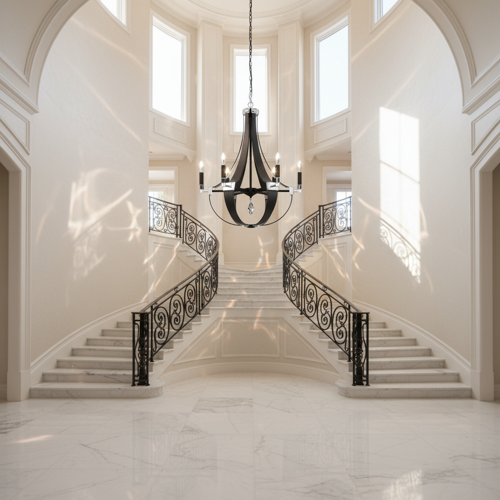 Luster Gaze Appalachian Teardrop 6-Light Chandelier - dramatic American stairwell with soaring ceiling