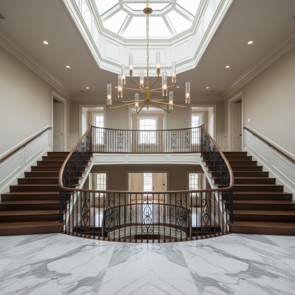 Luster Gaze Stellar Radiance Two-Tier Chandelier - dramatic American stairwell with three-story void