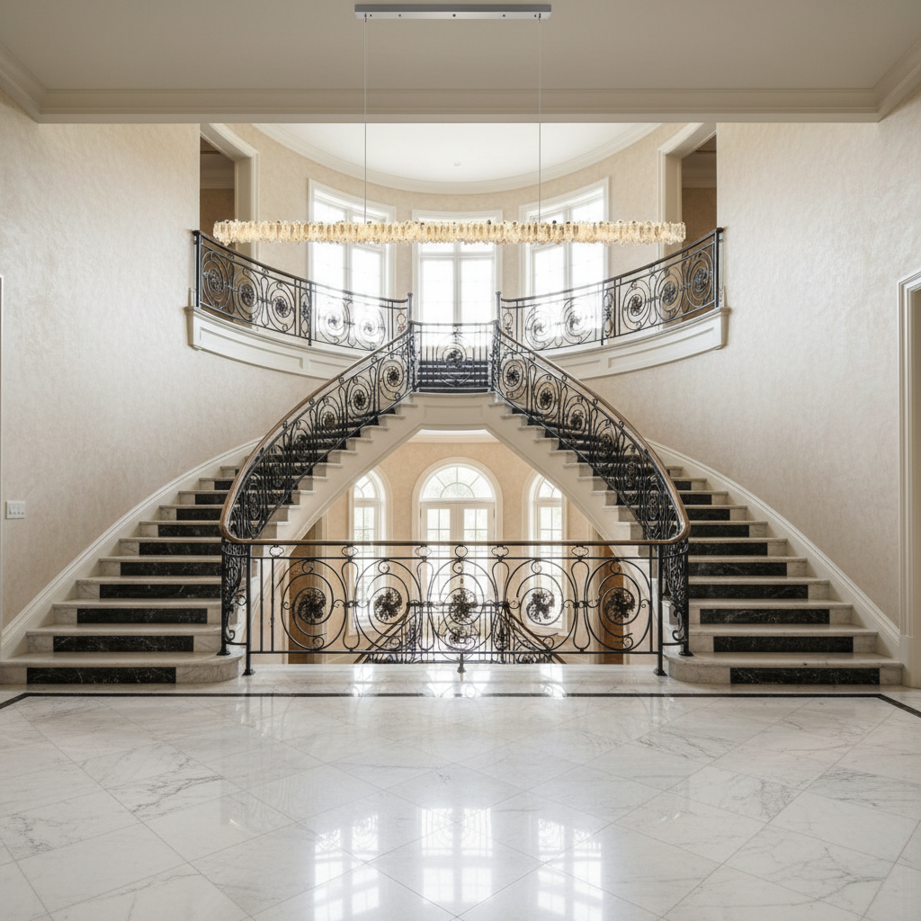 Luster Gaze Radiant Linear Natural Crystal Chandelier - dramatic American stairwell with soaring ceiling