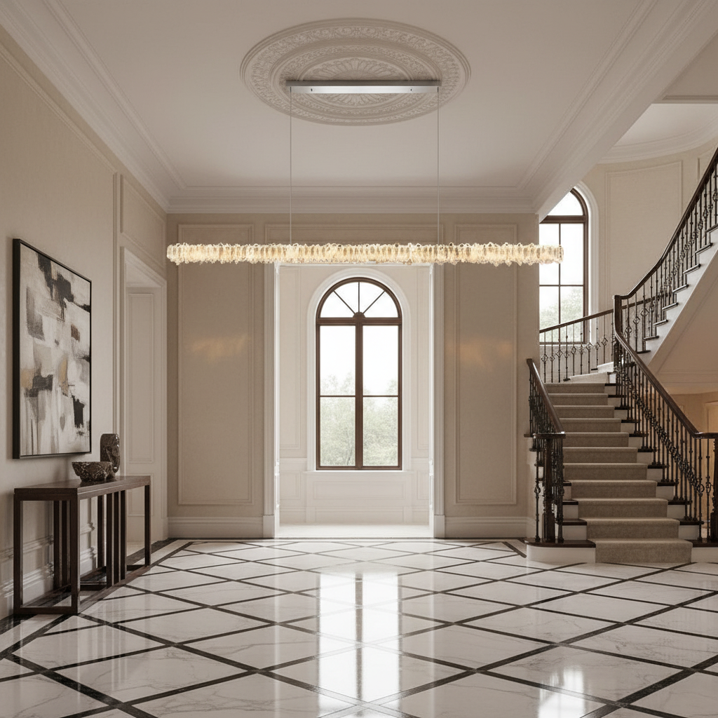 Luster Gaze Radiant Linear Natural Crystal Chandelier - grand American estate foyer