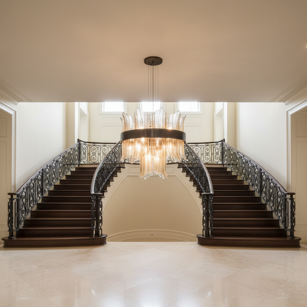 Luster Gaze Grand Mariner 24-Light Chandelier - dramatic American stairwell with soaring ceiling
