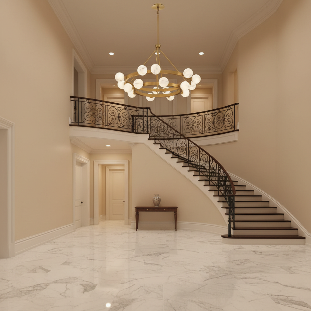 Luster Gaze Veridian Bloom Alabaster 2-Tier Chandelier - grand American foyer with soaring ceiling