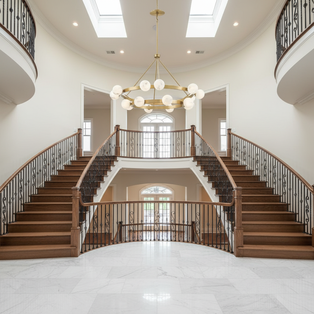 Luster Gaze Veridian Bloom Alabaster 2-Tier Chandelier - dramatic American stairwell with three-story void