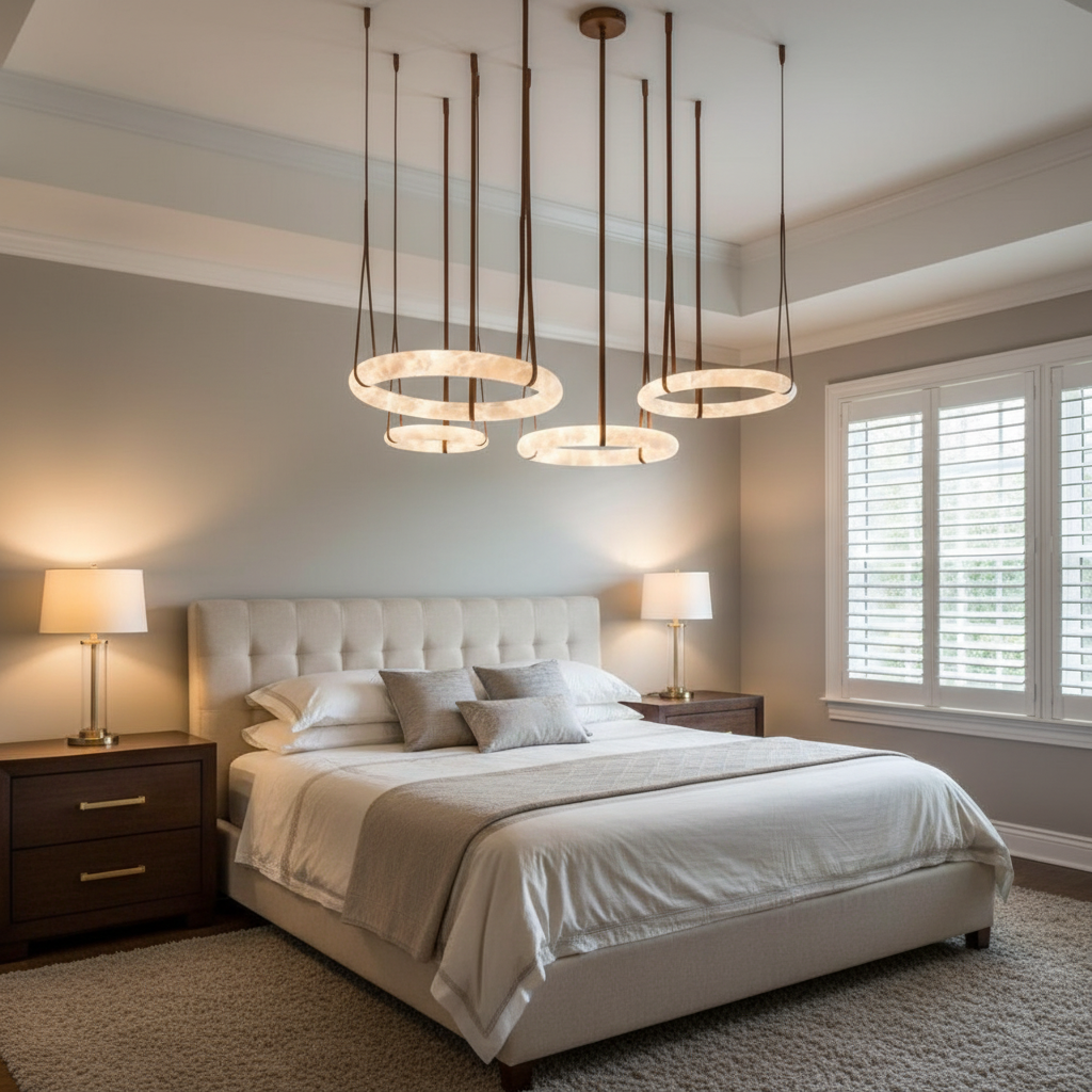 Luster Gaze Alabaster Aura Round Pendant Chandelier - American master bedroom with tray ceiling