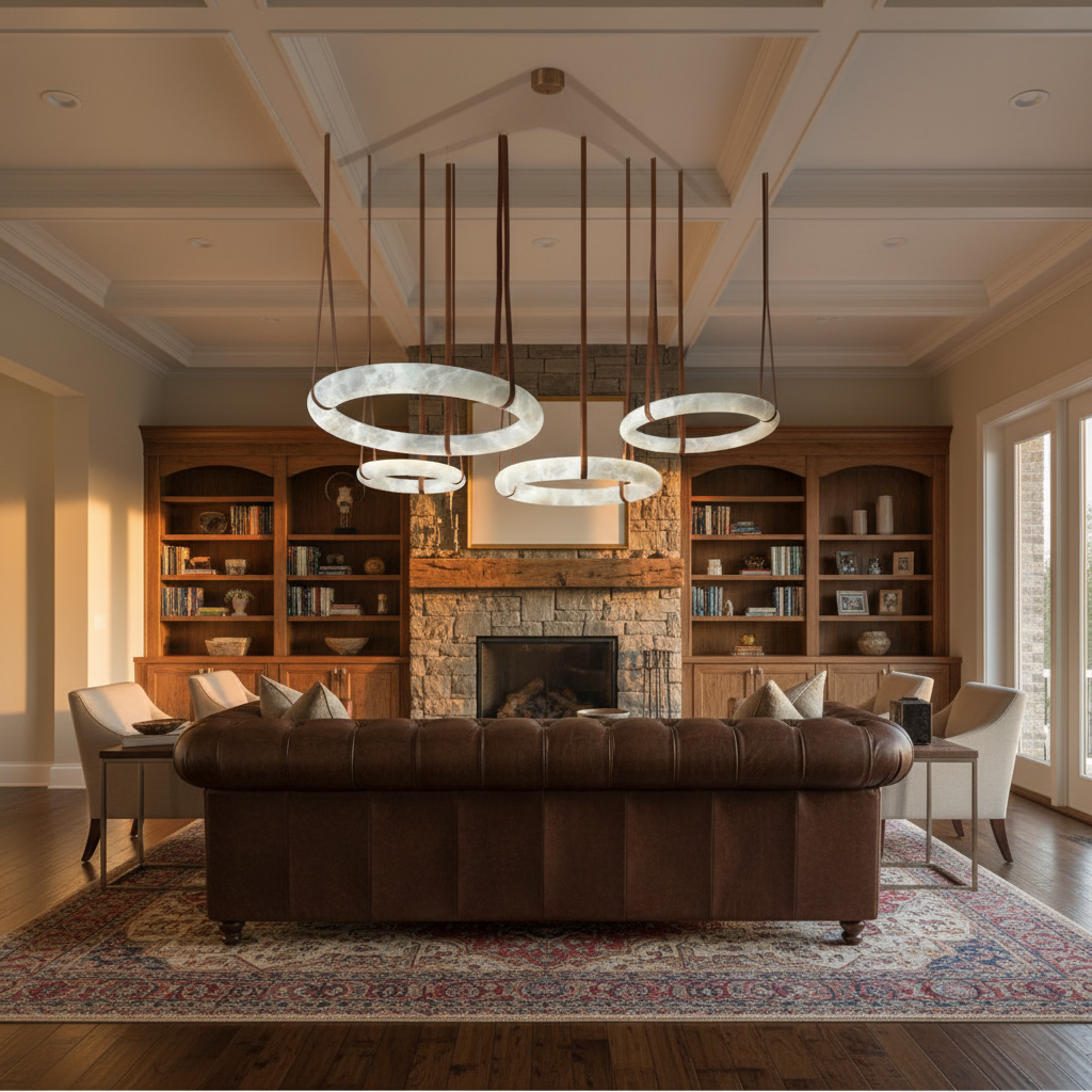 Luster Gaze Alabaster Aura Round Pendant Chandelier - American transitional living room with coffered ceiling