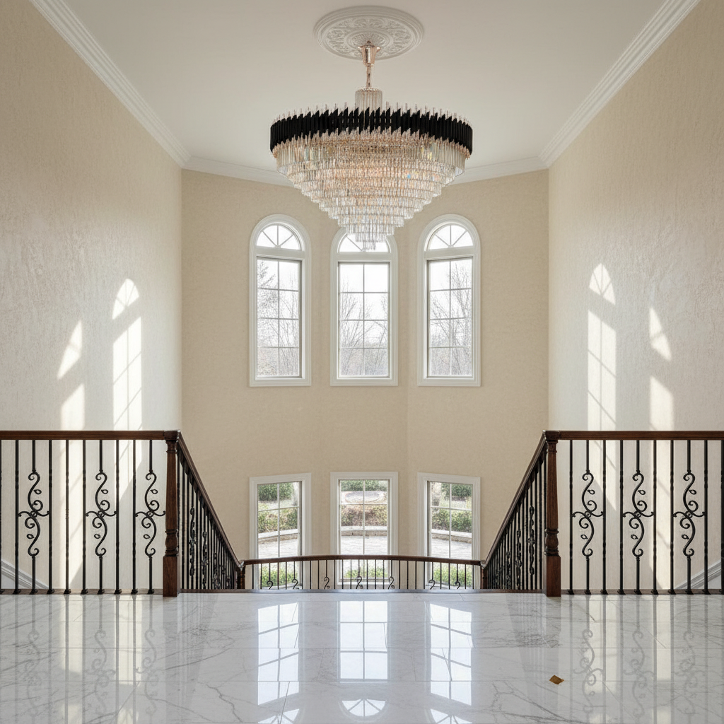 Luster Gaze 60 Inch Luxury Modern Round Crystal Chandelier Lighting for Living Room - dramatic American stairwell with soaring ceiling