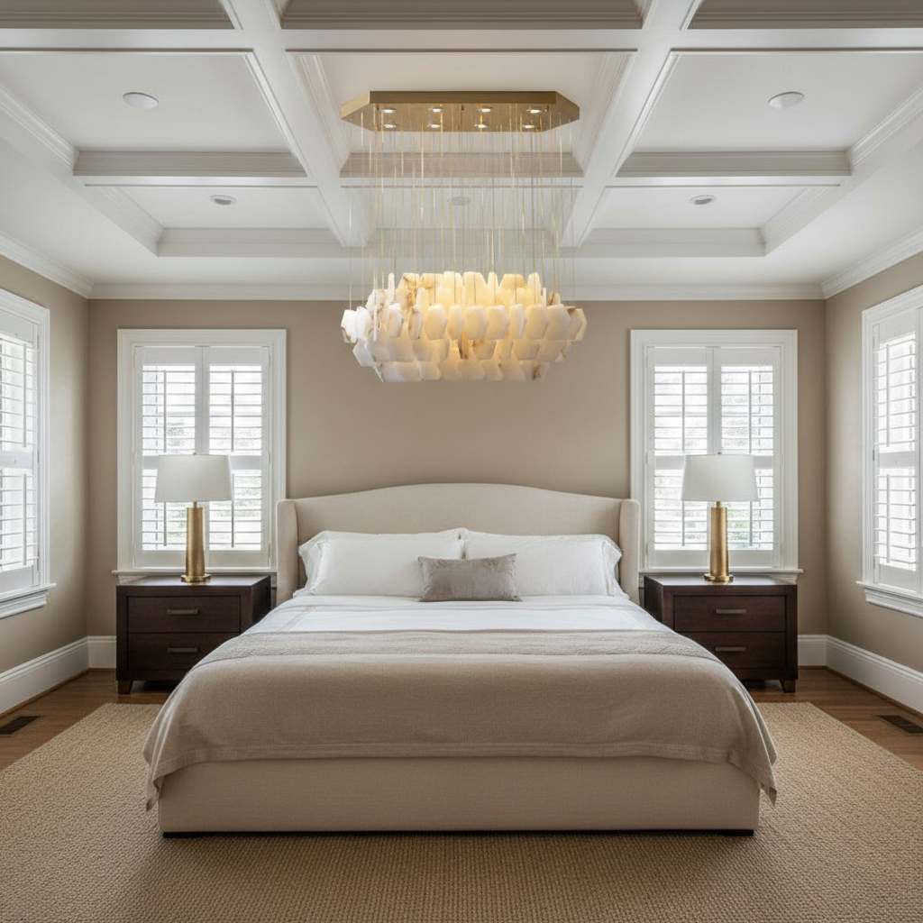 Luster Gaze Alabaster Horizon Modern Chandelier - American master bedroom with coffered ceiling