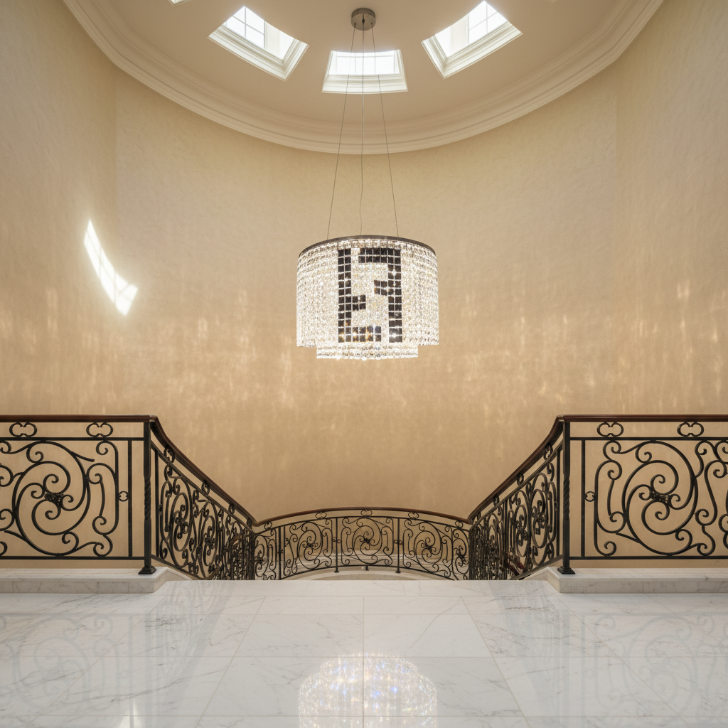 Luster Gaze Radiant Aura Modern Crystal Chandelier - dramatic American stairwell with soaring ceiling