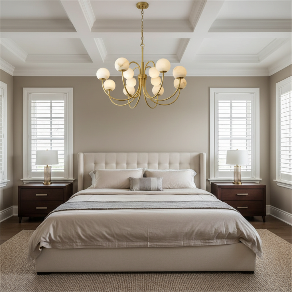 Luster Gaze Celestial Bloom Alabaster Radial Chandelier - American master bedroom with coffered ceiling