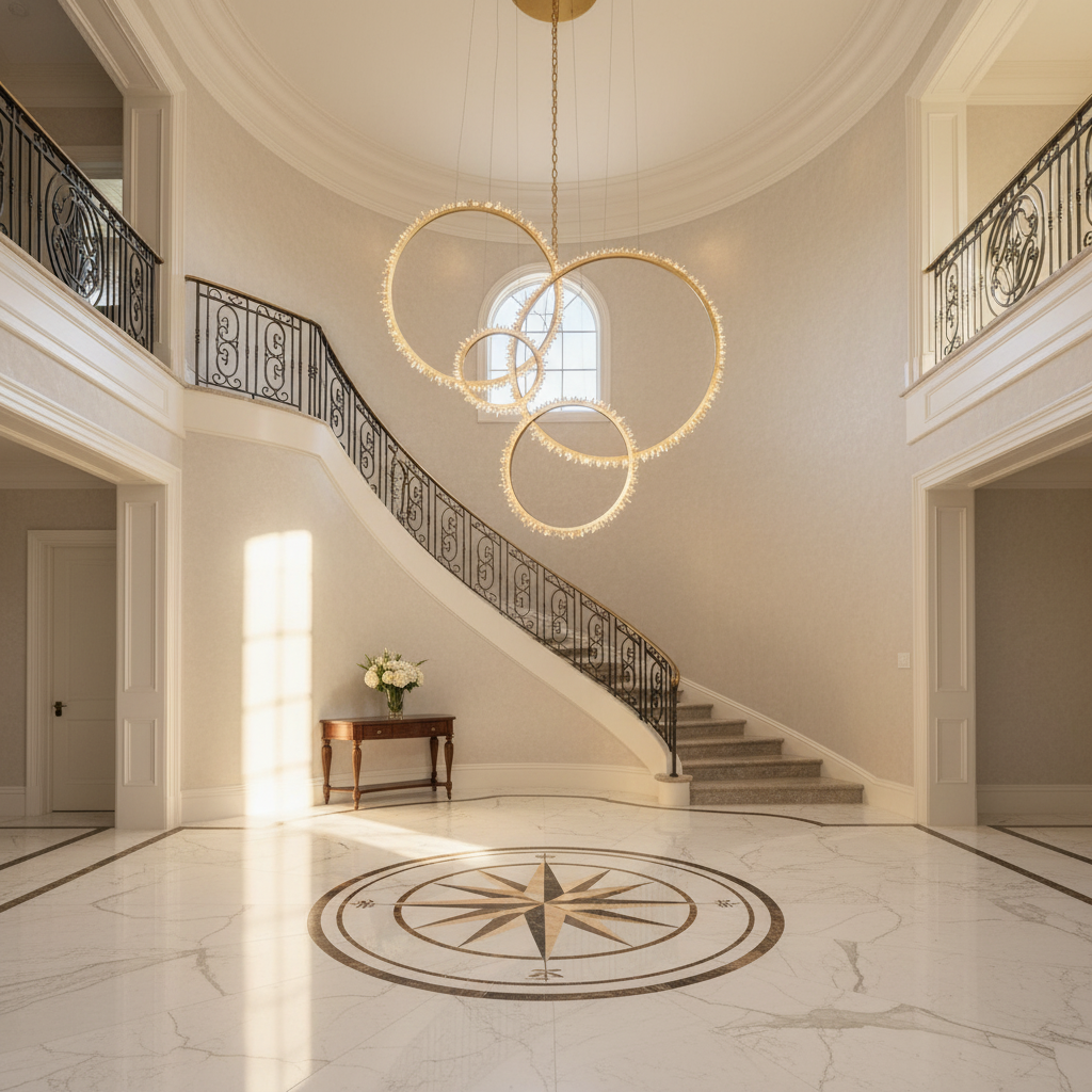 Luster Gaze Radiant Halo Rock Crystal Ring Chandelier - grand American foyer with two-story ceiling