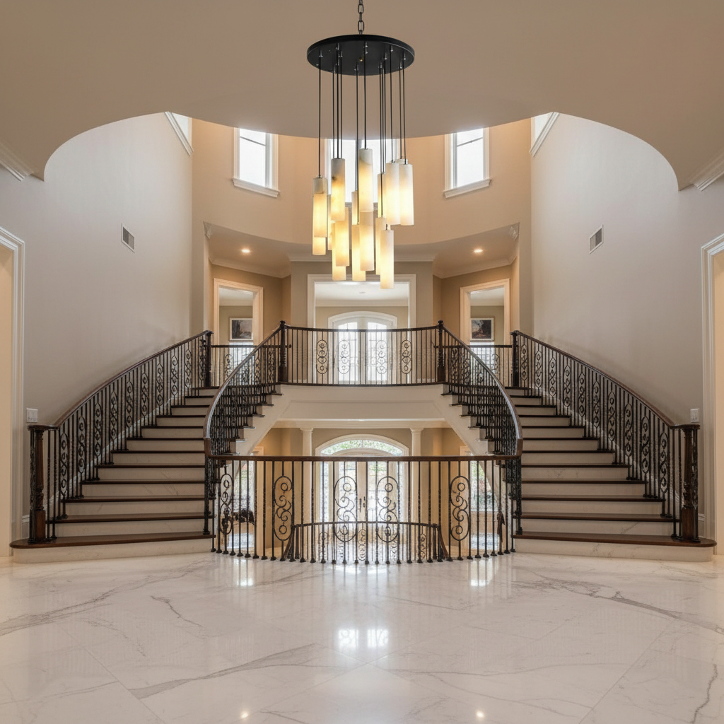 Luster Gaze Veridian Alabaster Cylindrical Chandelier - dramatic American stairwell with soaring ceiling