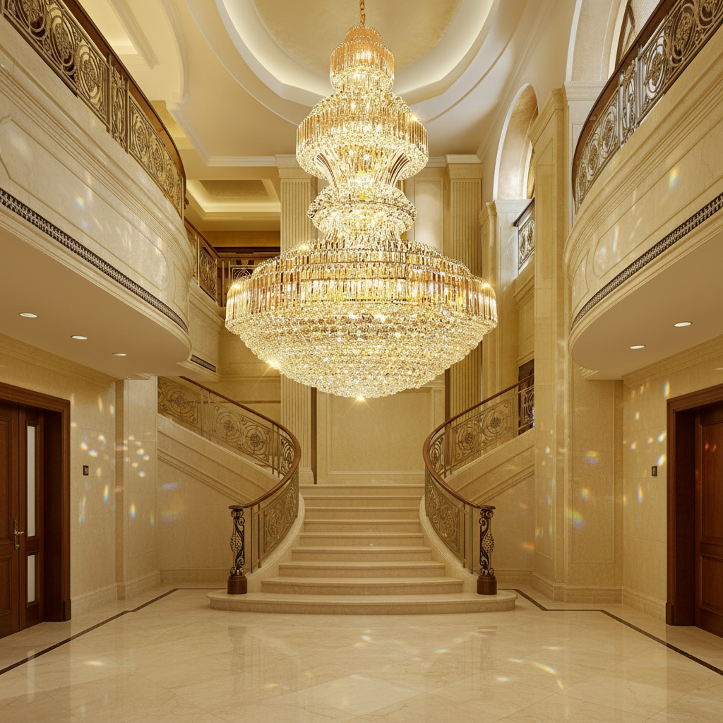 Luster Gaze Radiant Grandeur Round Crystal Chandelier - dramatic American stairwell with soaring ceiling