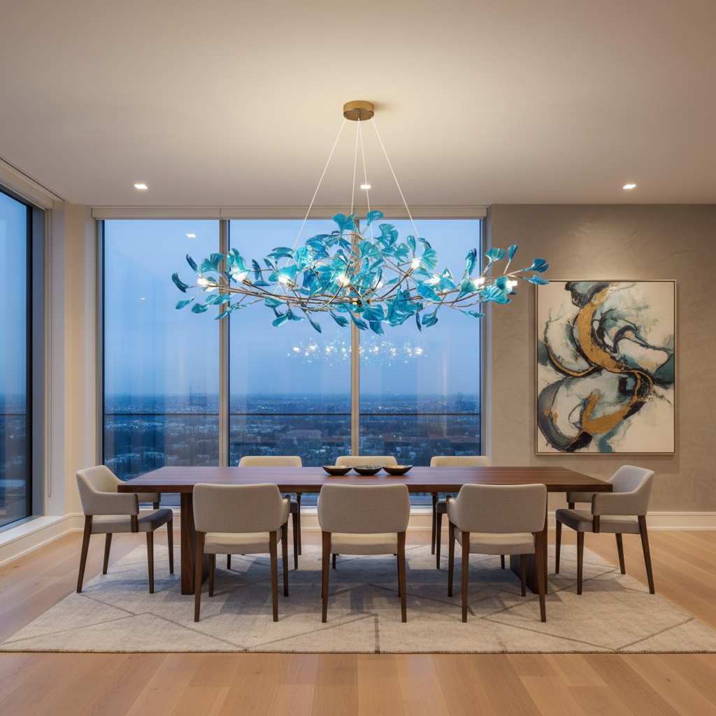 Luster Gaze Veridian Bloom Linear Chandelier - American great room dining area