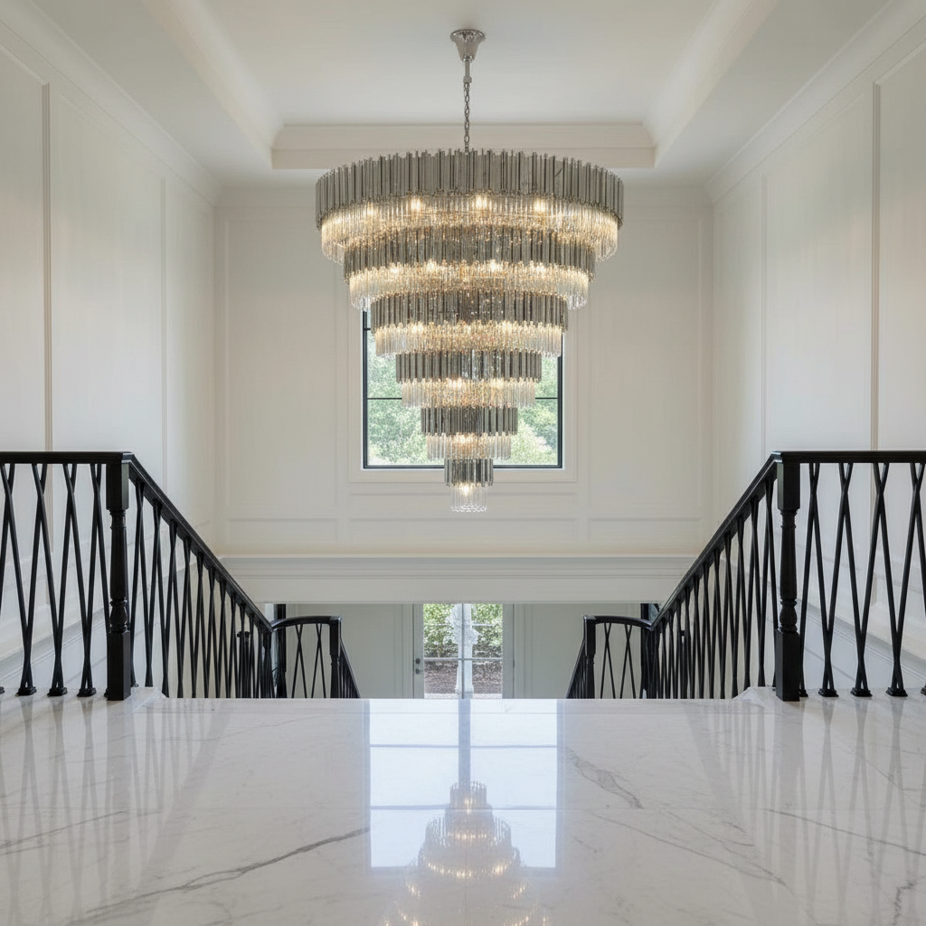 Luster Gaze Grand Tiered Crystal Round Chandelier - dramatic American stairwell with soaring ceiling
