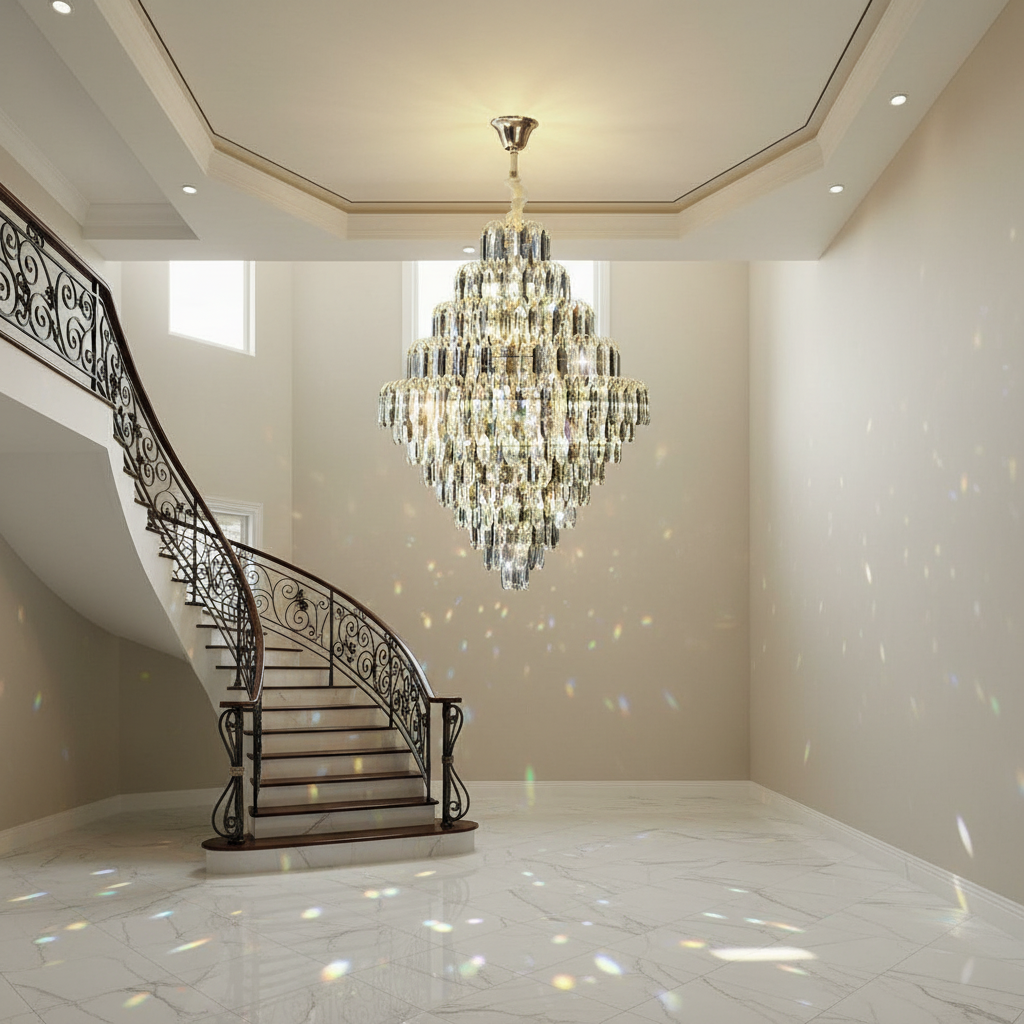 Luster Gaze Grand Radiance K9 Crystal Chandelier - dramatic American stairwell with soaring ceiling