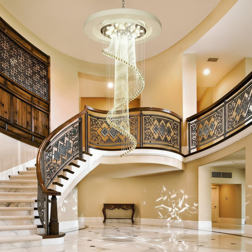 Luster Gaze Radiant Cascade Round LED Chandelier - dramatic American stairwell with soaring ceiling