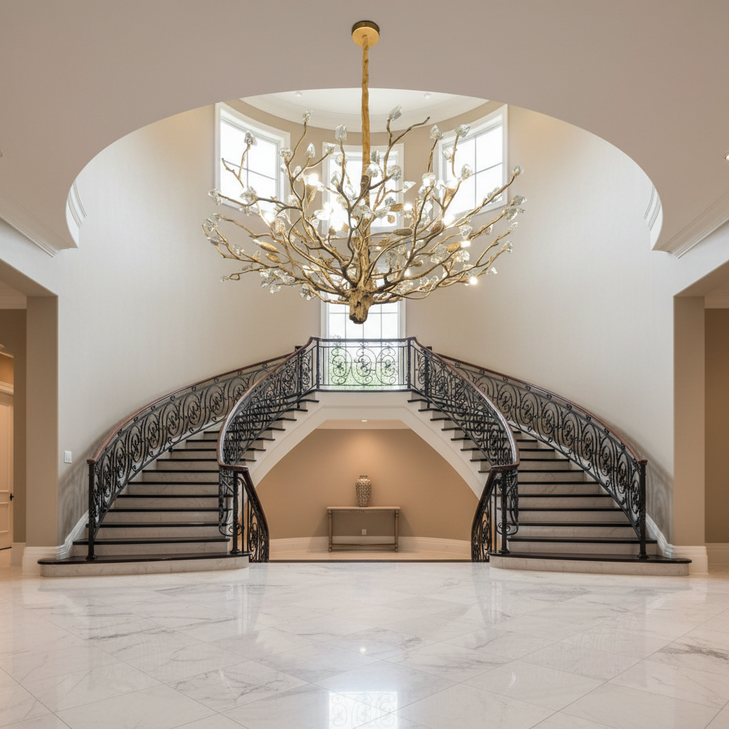 Luster Gaze Verdant Canopy Branch Chandelier - dramatic American stairwell with soaring ceiling