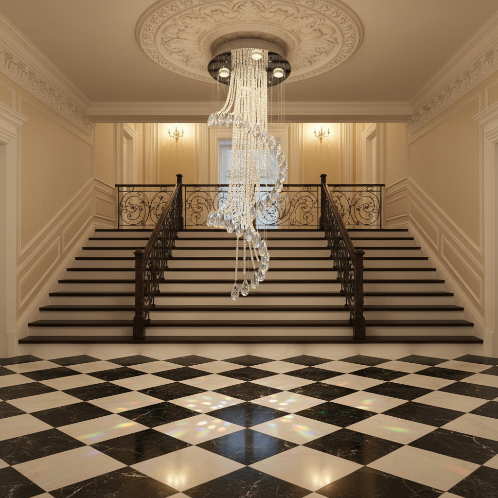 Luster Gaze Flush Mounted Spiral Crystal Drops Chandelier Round LED Ceiling Lighting Fixture For Foyer Staircase/ Hotel Entrance - Scene