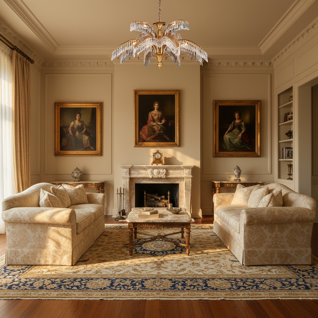 Luster Gaze Veridian Palm Crystal Chandelier - American formal living room with 12-foot ceilings