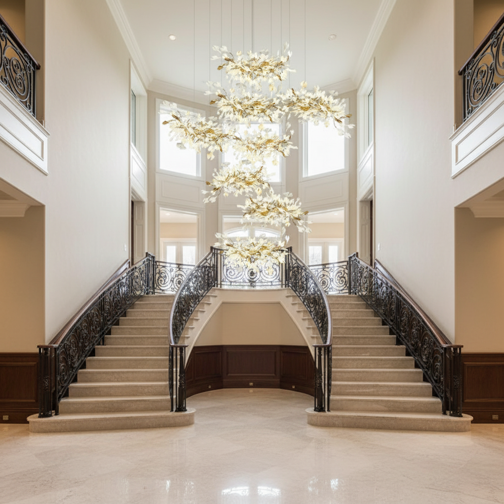 Luster Gaze Verdant Canopy Cascading Chandelier - dramatic American stairwell with soaring ceiling