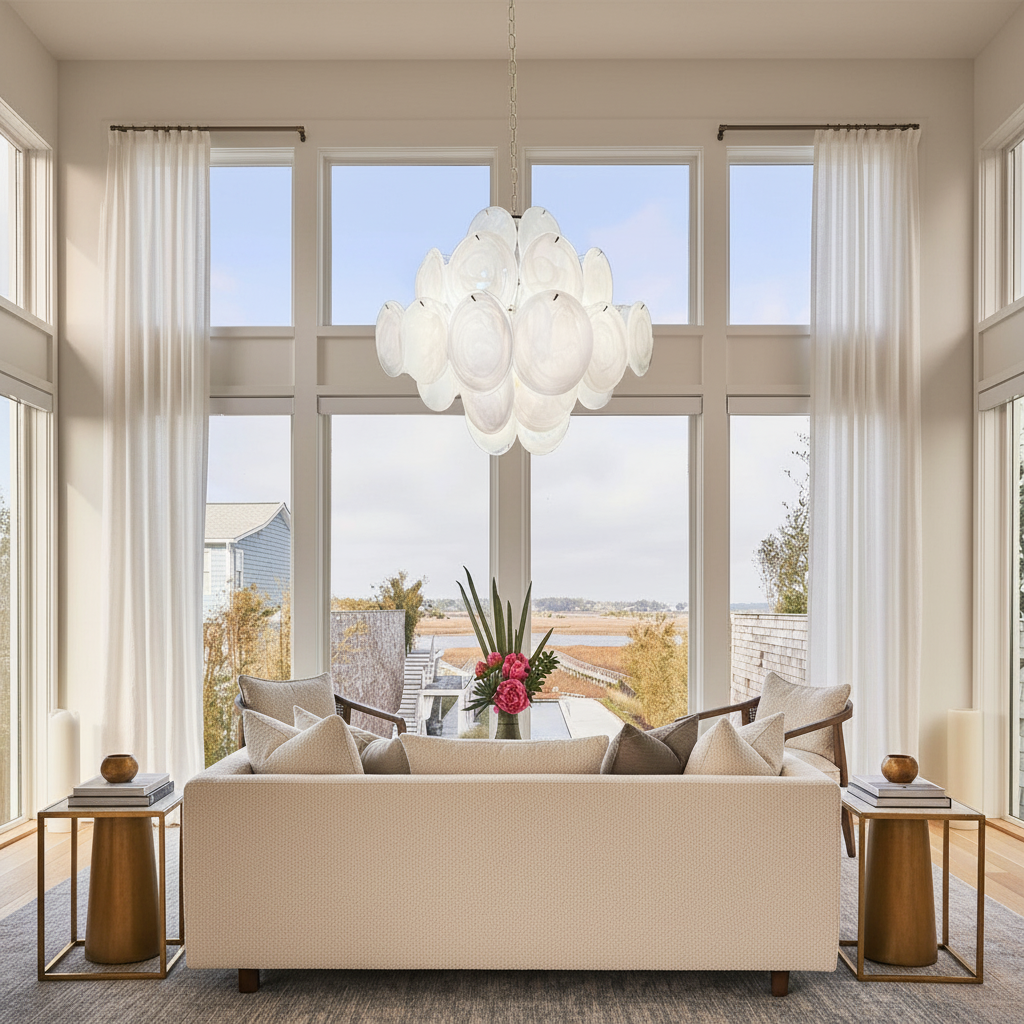 Luster Gaze Luminous Orb White Disc Chandelier - sophisticated American living room
