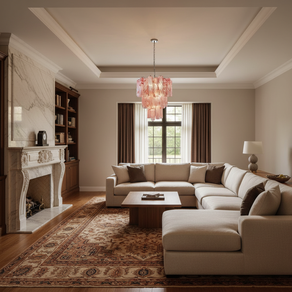 Luster Gaze Venetian Alabaster Bloom Chandelier - luxurious American living room with tray ceiling