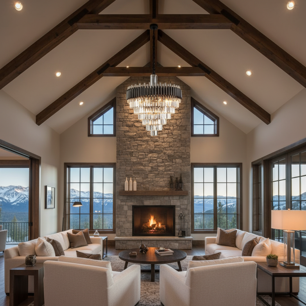 Luster Gaze Grand Lumina Tiered Chandelier - luxury American great room with cathedral ceiling