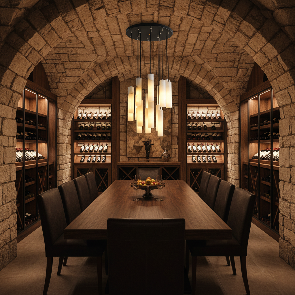 Luster Gaze Alabaster Halo Linear Chandelier - elegant American wine cellar dining room