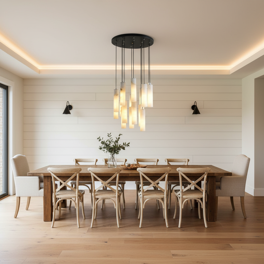 Luster Gaze Alabaster Halo Linear Chandelier - modern American farmhouse dining room